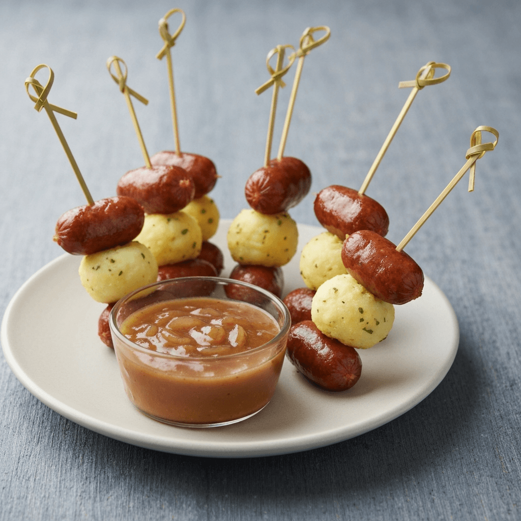 Mini Bangers and Mash Skewers with Onion Gravy Dip
