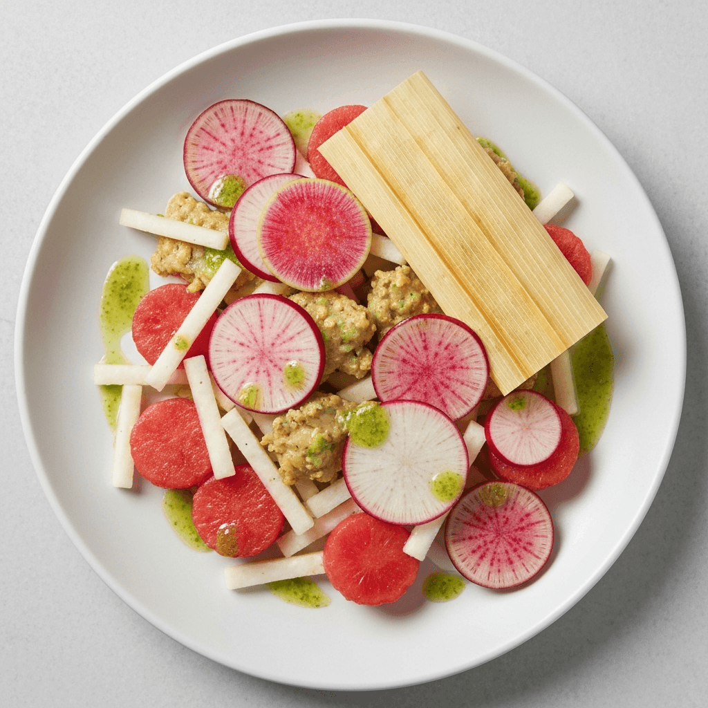 Watermelon Radish and Jicama Tamale Salad with Lime Dressing