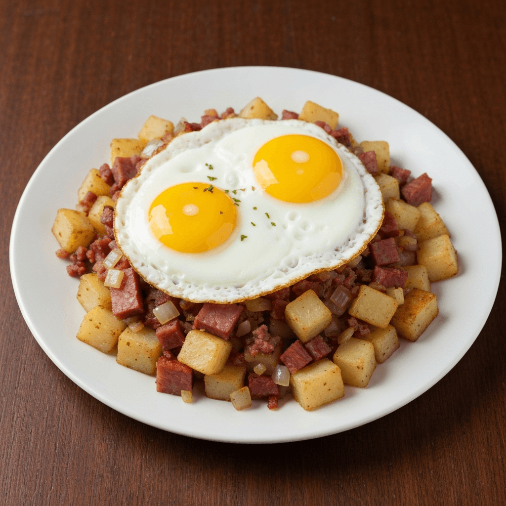 Montreal Smoked Meat Hash with Fried Eggs