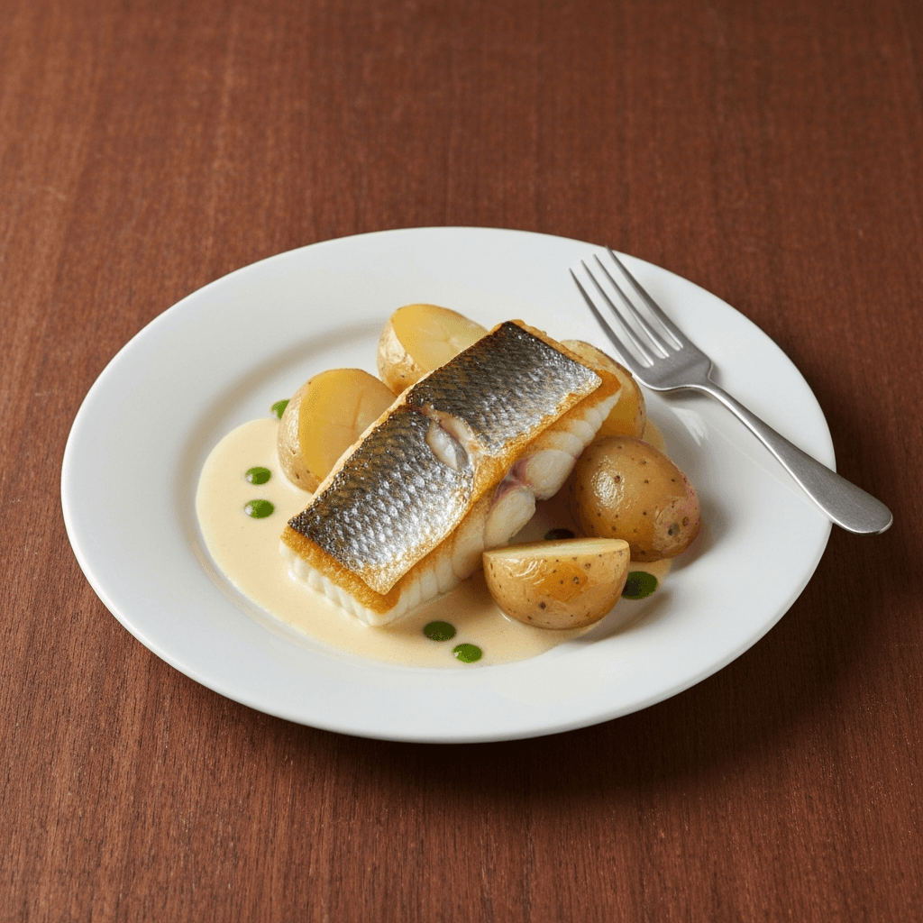 Pan-Seared Sea Bass with Jersey Cream and White Wine Sauce, Served with Jersey Royals