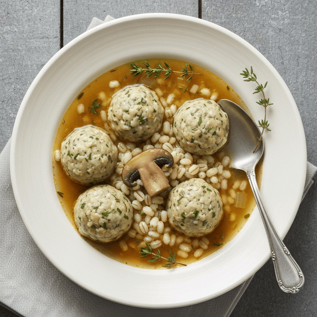 Mushroom and Barley Knödelsuppe with Thyme