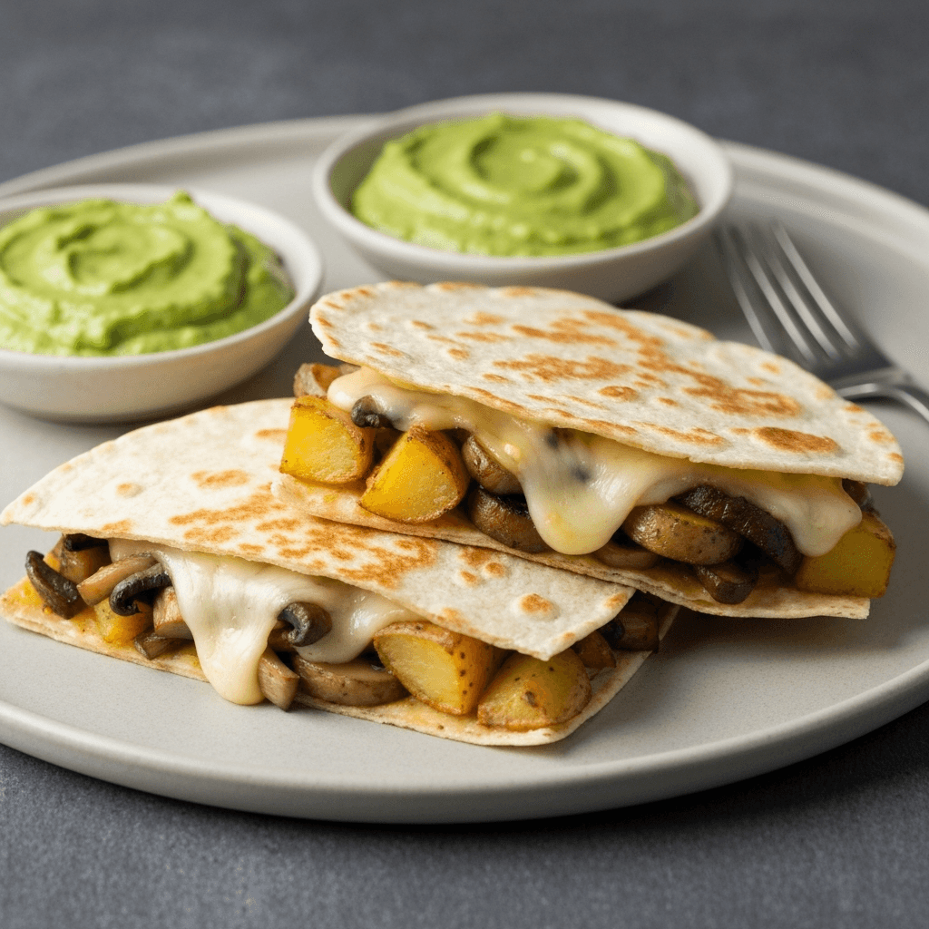 Peruvian Potato and Mushroom Quesadillas with Spicy Avocado Crema