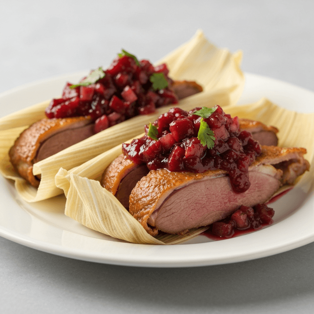 Duck Confit Tamales with Cherry Chipotle Salsa