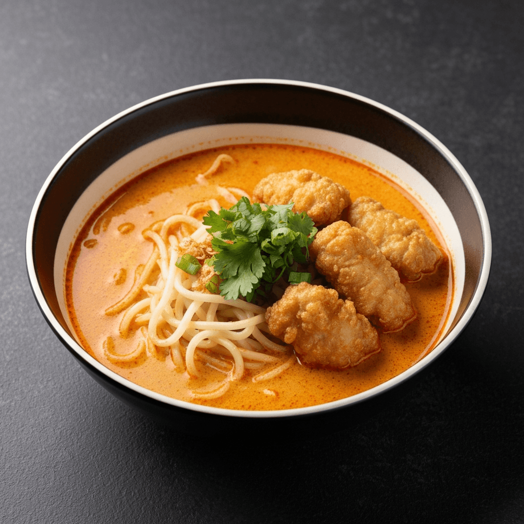 Coconut Curry Laksa Noodle Soup with Crispy Fried Fish