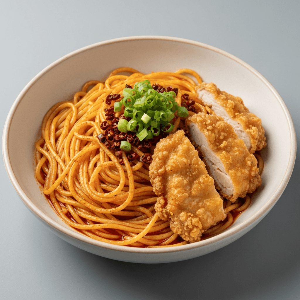 Spicy Sichuan Noodles with Crispy Fried Chicken
