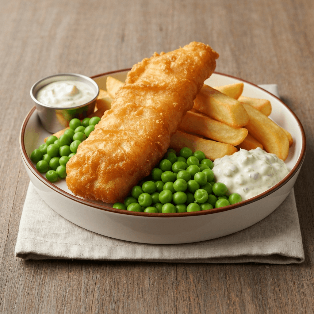 Fish and Chips with Mushy Peas and Tartar Sauce