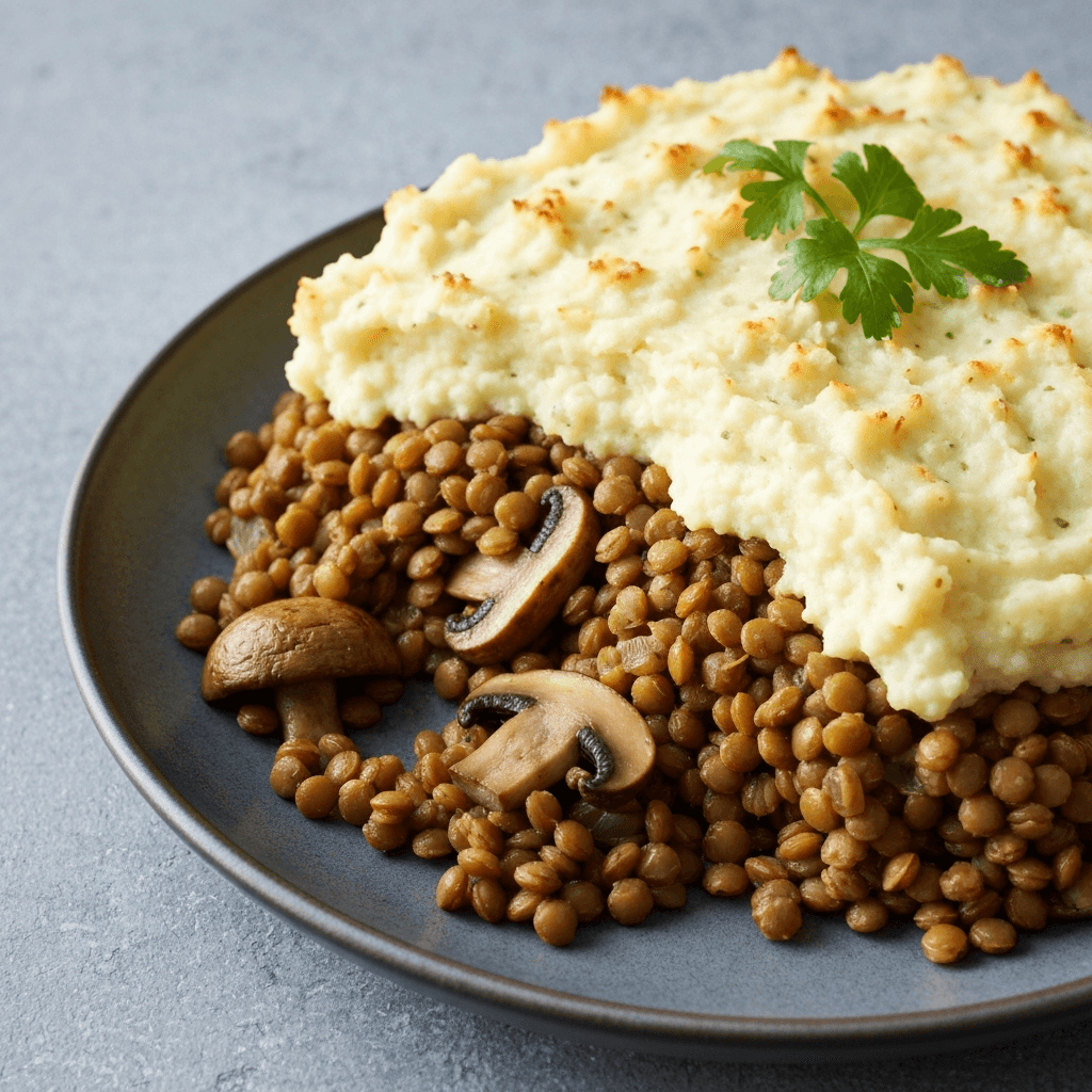 Vegan Shepherd's Pie with Mushroom and Lentil Filling and Cauliflower Mash Topping