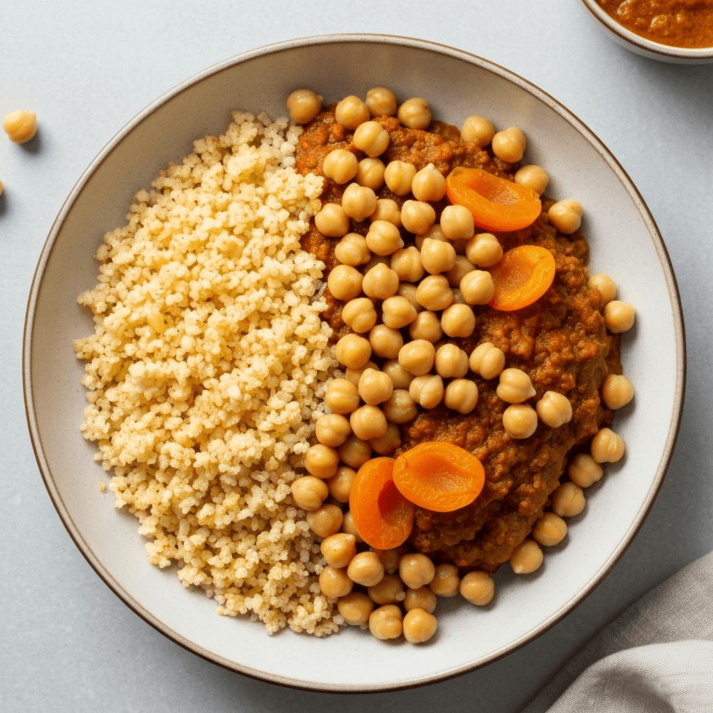 Moroccan Tagine-Spiced Cauliflower Rice Bowl with Chickpeas and Apricots