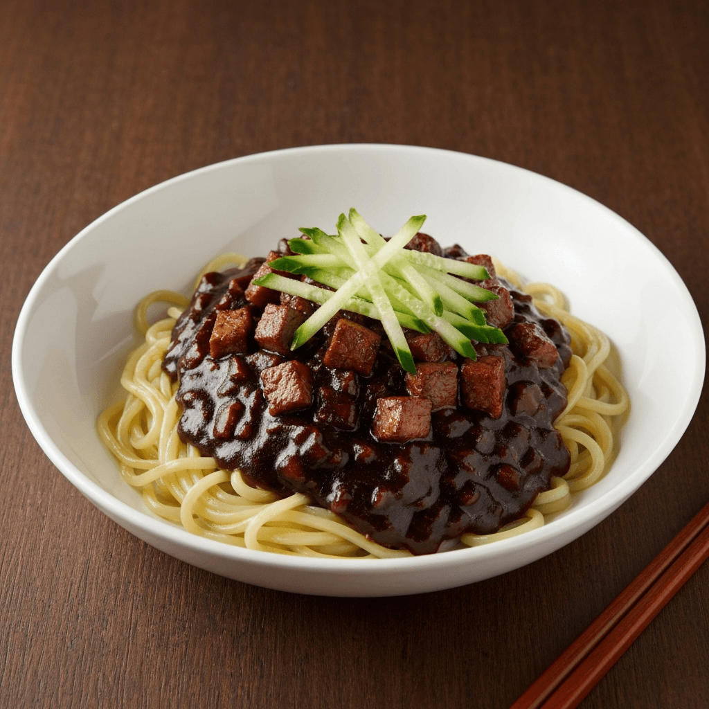 Black Bean Noodles (Jajangmyeon) with Pork and Cucumber
