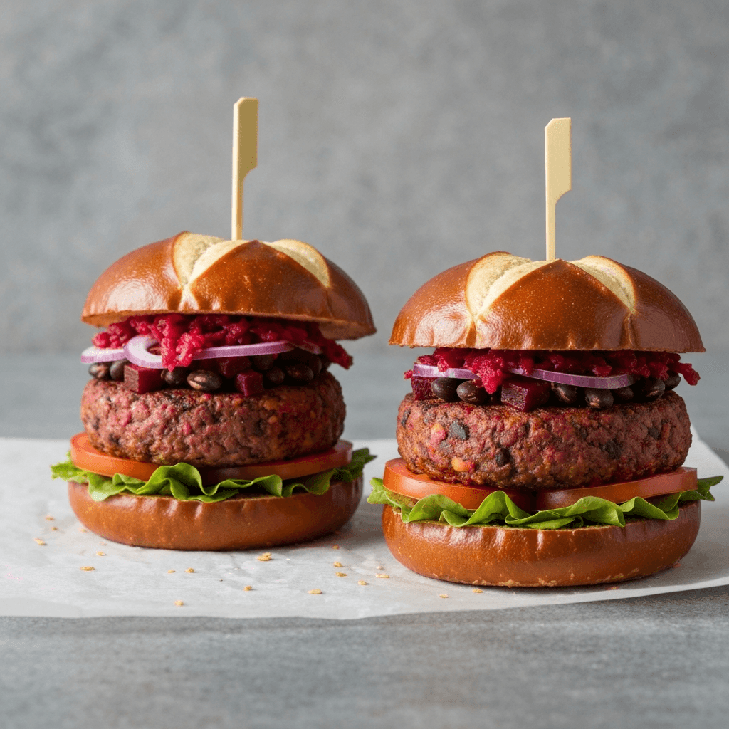 Black Bean and Beetroot Burgers on Pretzel Buns