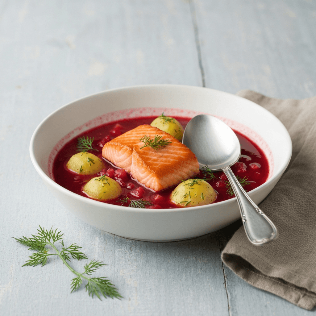 Borscht Salmon Soup with Dill Potatoes
