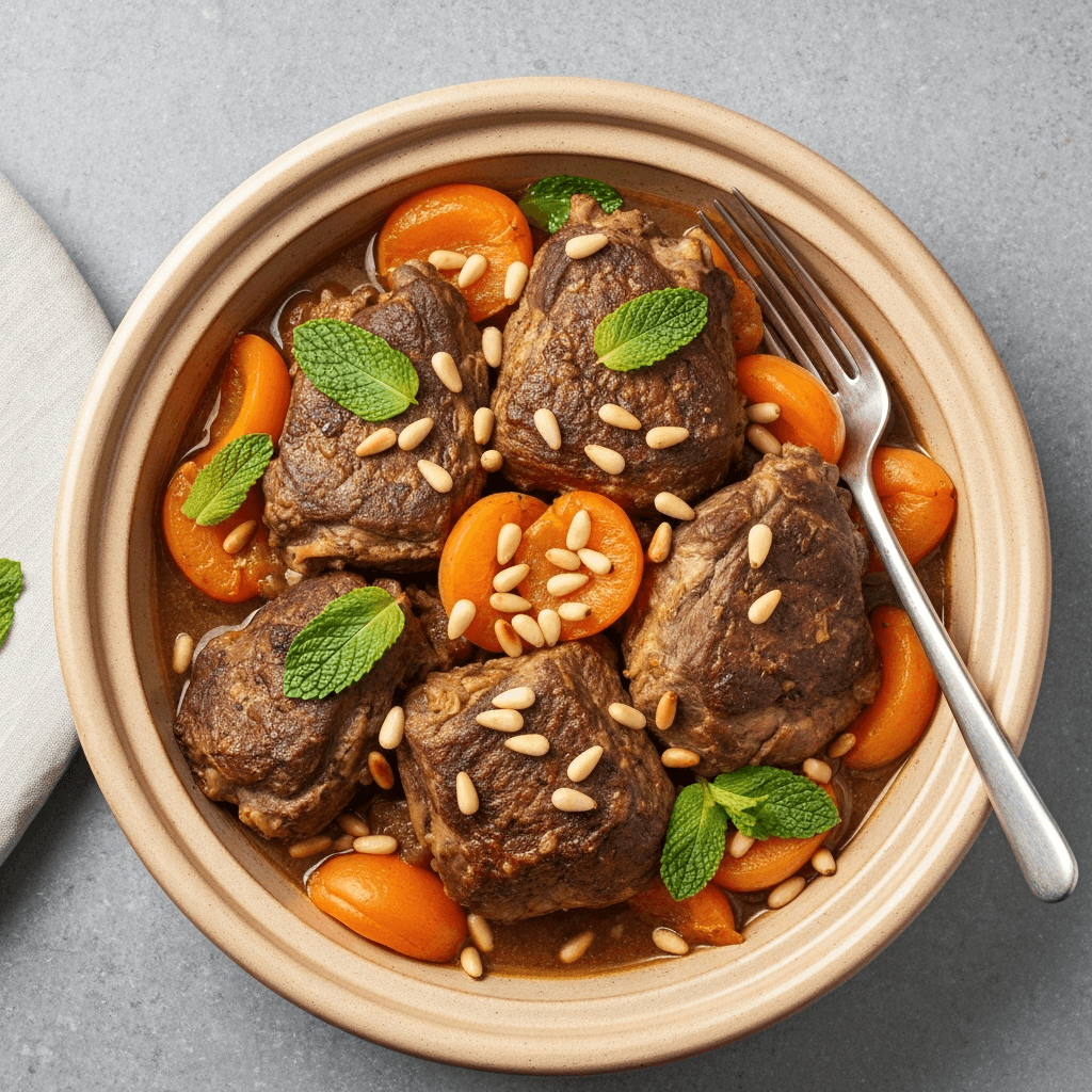 Lamb and Apricot Tagine with Toasted Pine Nuts and Mint