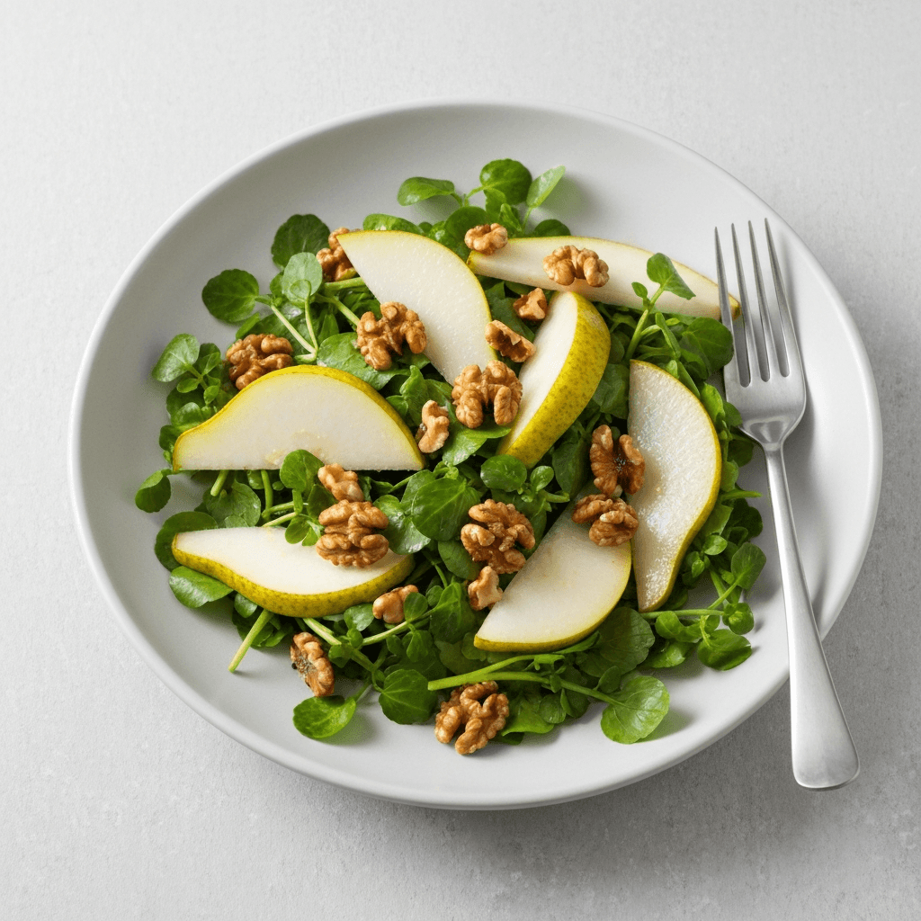 Watercress and Pear Salad with Stilton and Candied Walnuts