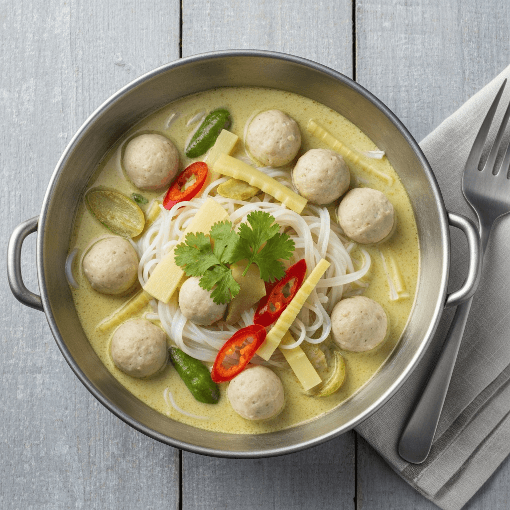 Thai Green Curry with Fish Balls and Rice Noodles