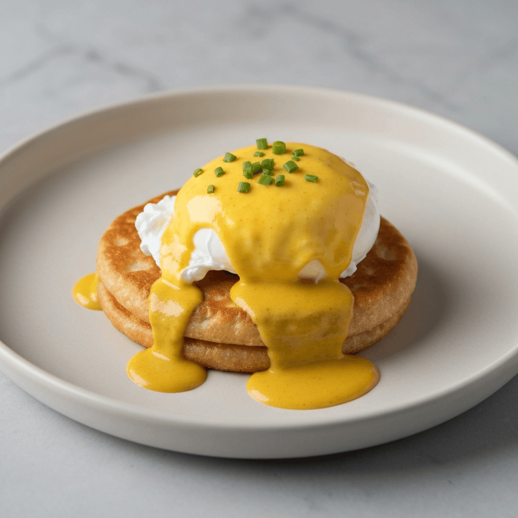 Roti Prata Benedict with Poached Eggs and Curry Hollandaise
