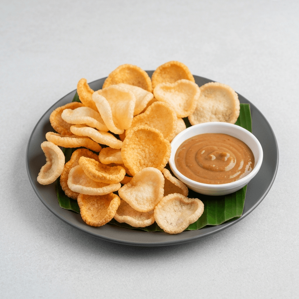 Kerupuk (Crackers) with Peanut Sauce and Sweet Soy Sauce