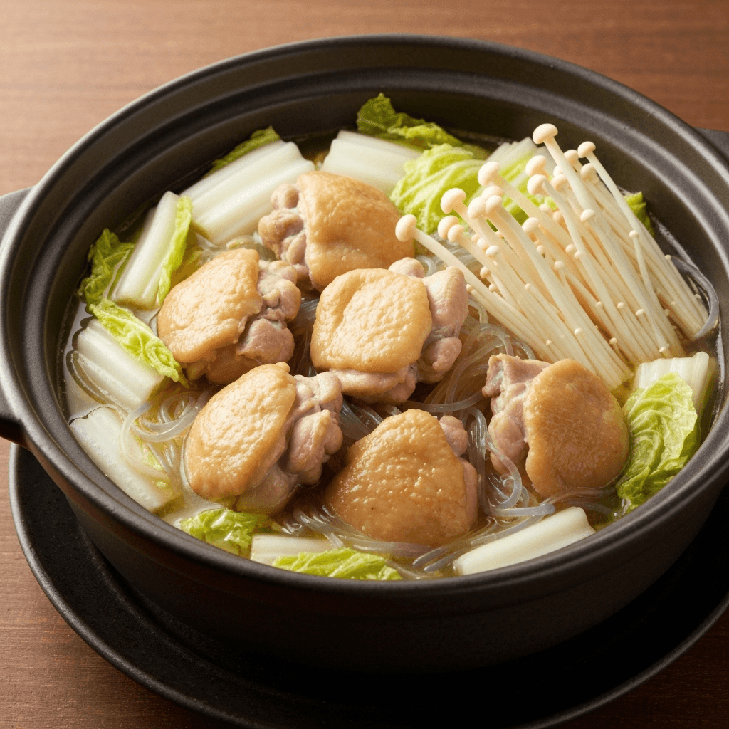 Ginger and Garlic Chicken Nabe with Napa Cabbage and Glass Noodles
