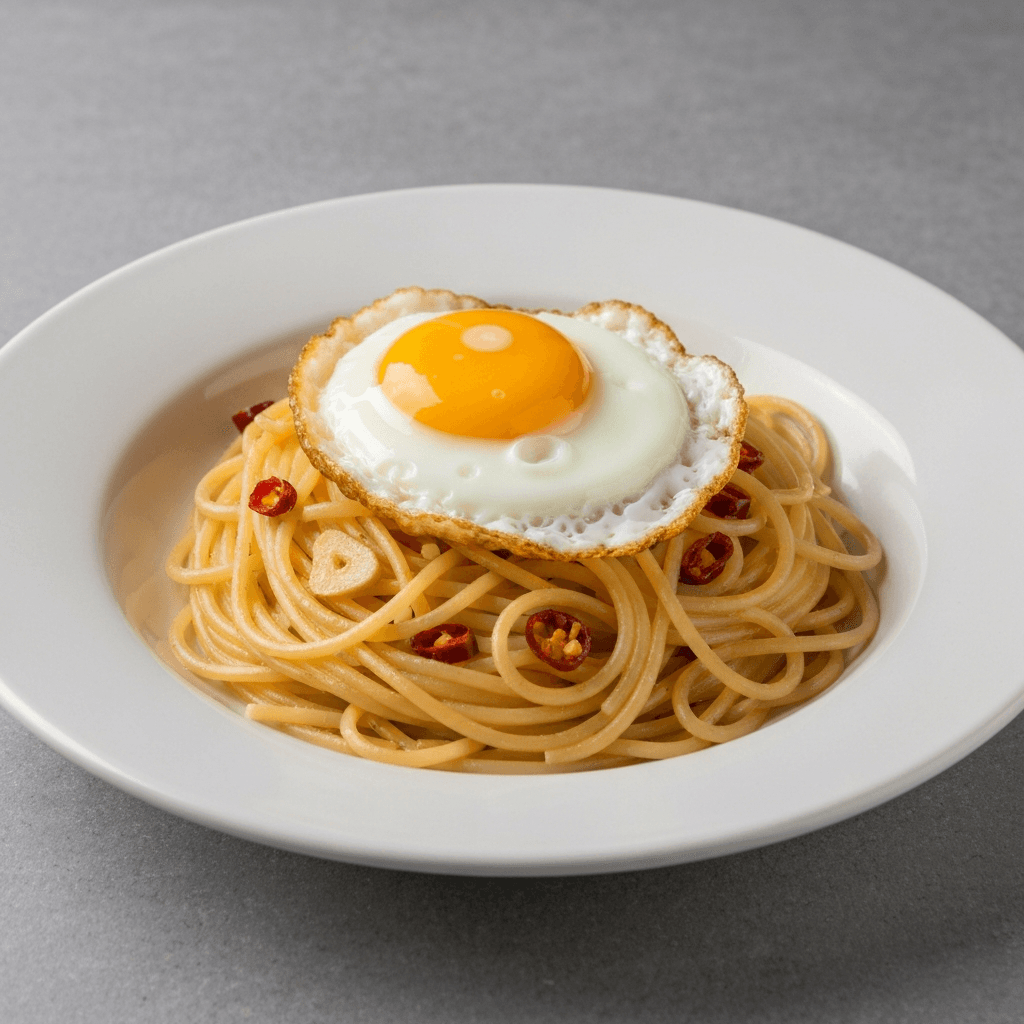 Garlic and Chili Infused Spaghetti Aglio e Olio with Fried Egg