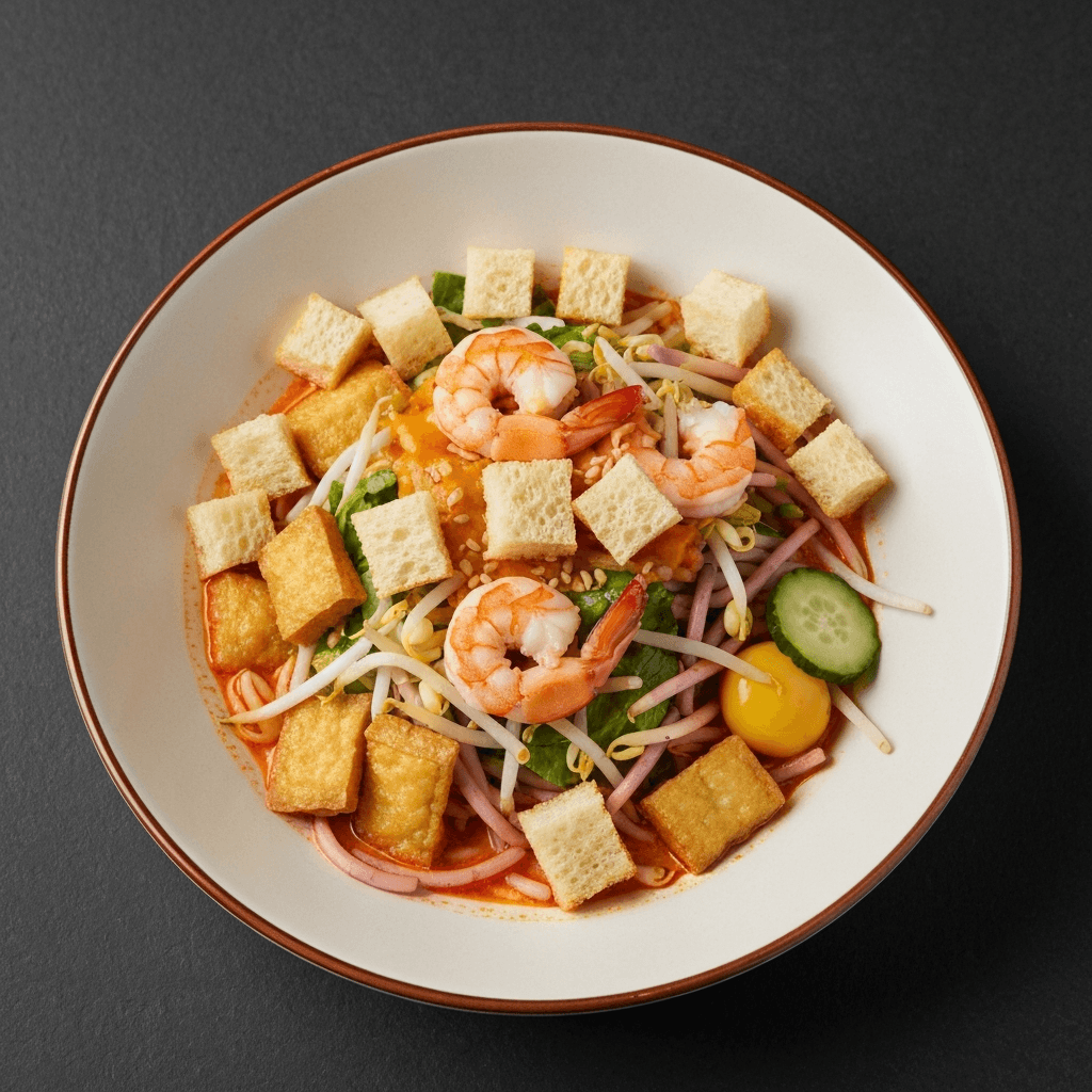 Deconstructed Laksa Salad with Mantou Croutons & Salted Egg Dressing