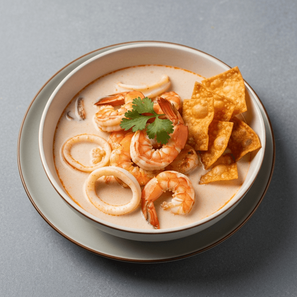 Spicy Tom Yum Inspired Coconut Seafood Soup with Crispy Roti Chips