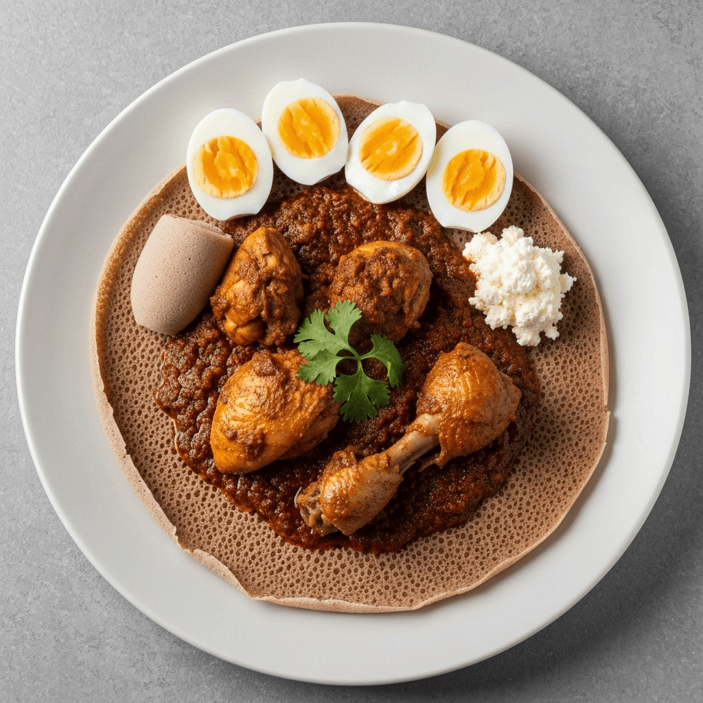 Doro Wat (Chicken Stew) with Injera, Hard-Boiled Eggs, and Ayib