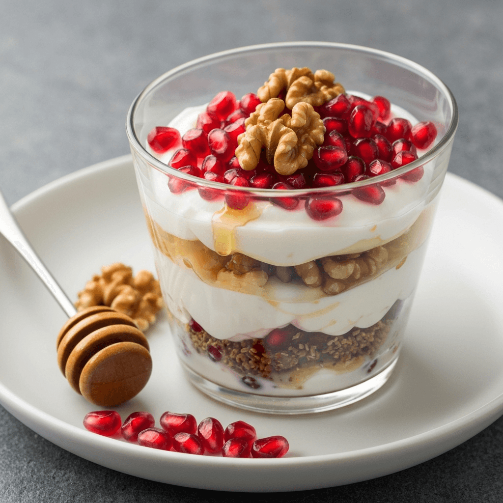 Greek Yogurt Parfait with Honey, Walnuts, and Pomegranate Seeds