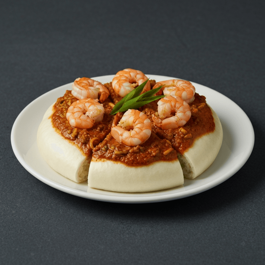 Mantou Pizza with Laksa Prawns & Pandan Mozzarella