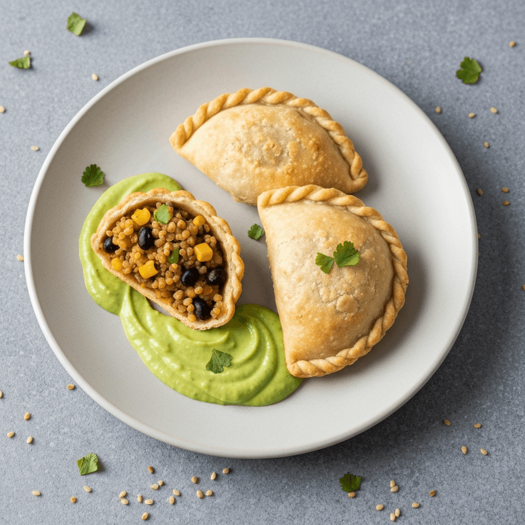 Quinoa and Black Bean Empanadas with Avocado Crema (Vegan)