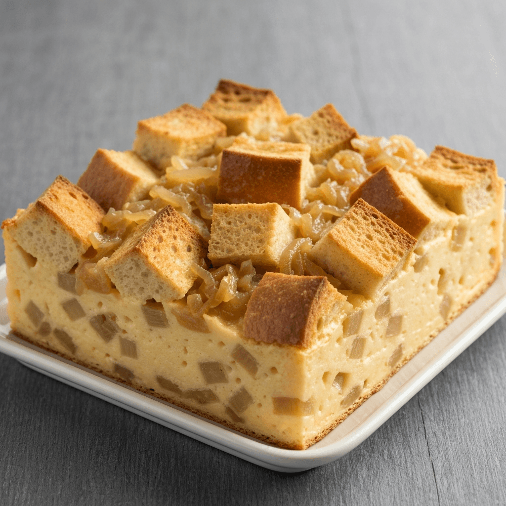 Pampushky Bread Pudding with Caramelized Onions and Gruyere