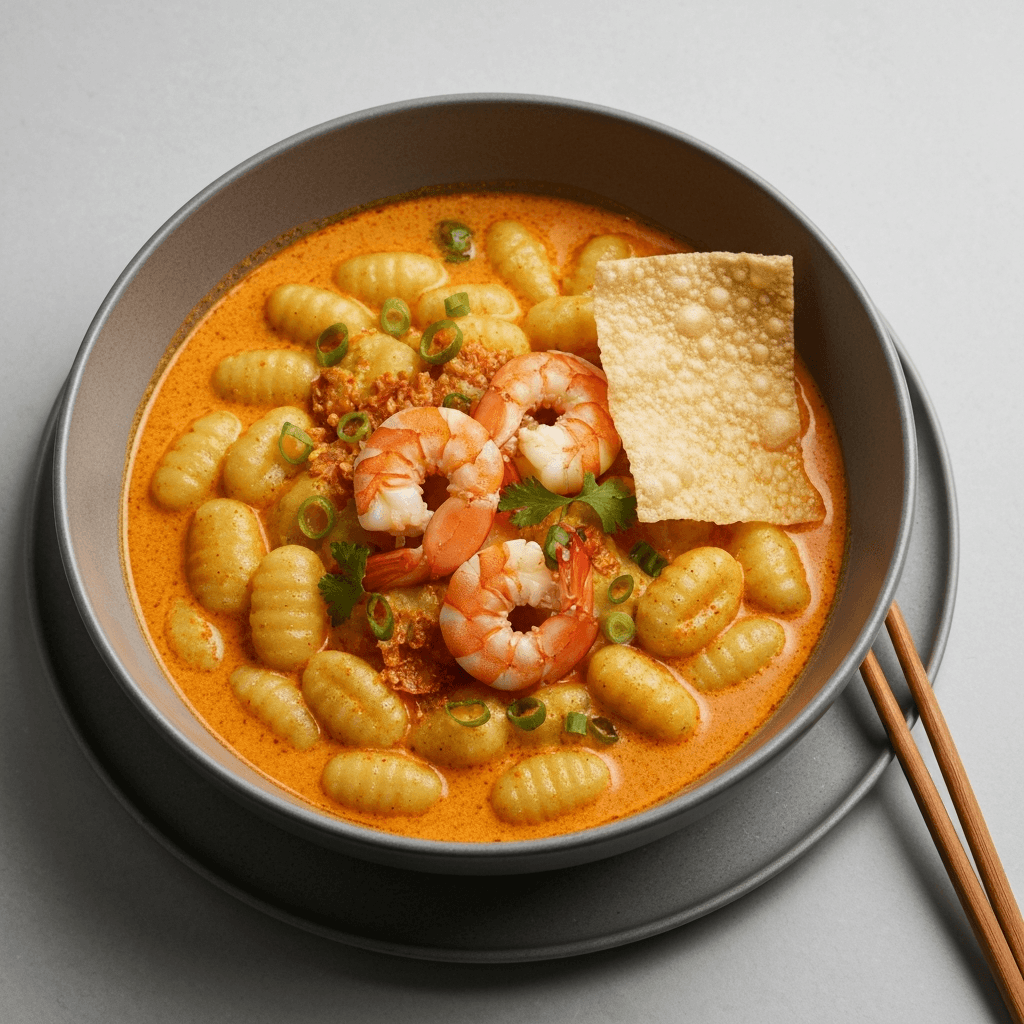 Creamy Laksa Gnocchi Soup with Prawns & Crispy Mantou