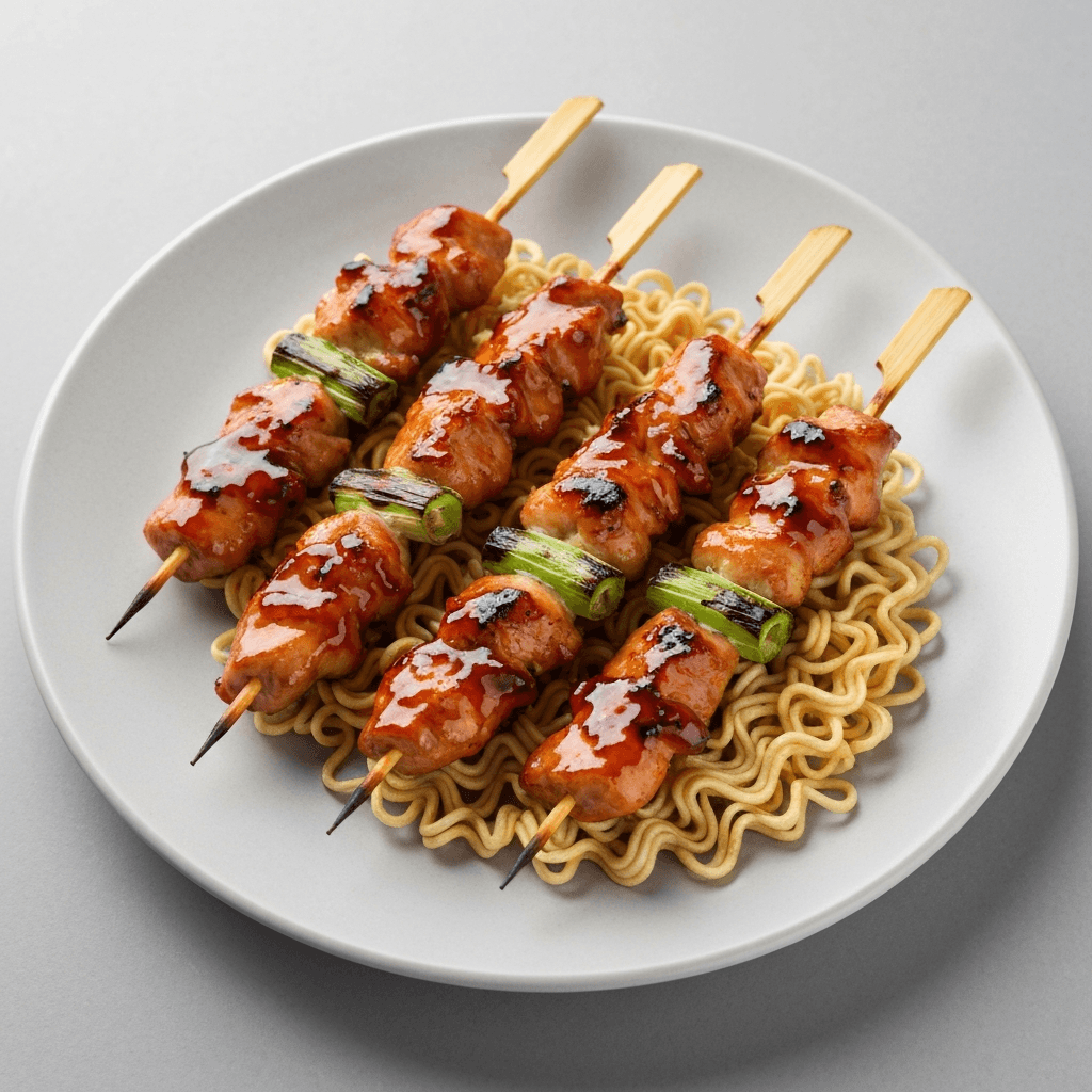 Chicken Yakitori Skewers with Ramen Noodle Garnish