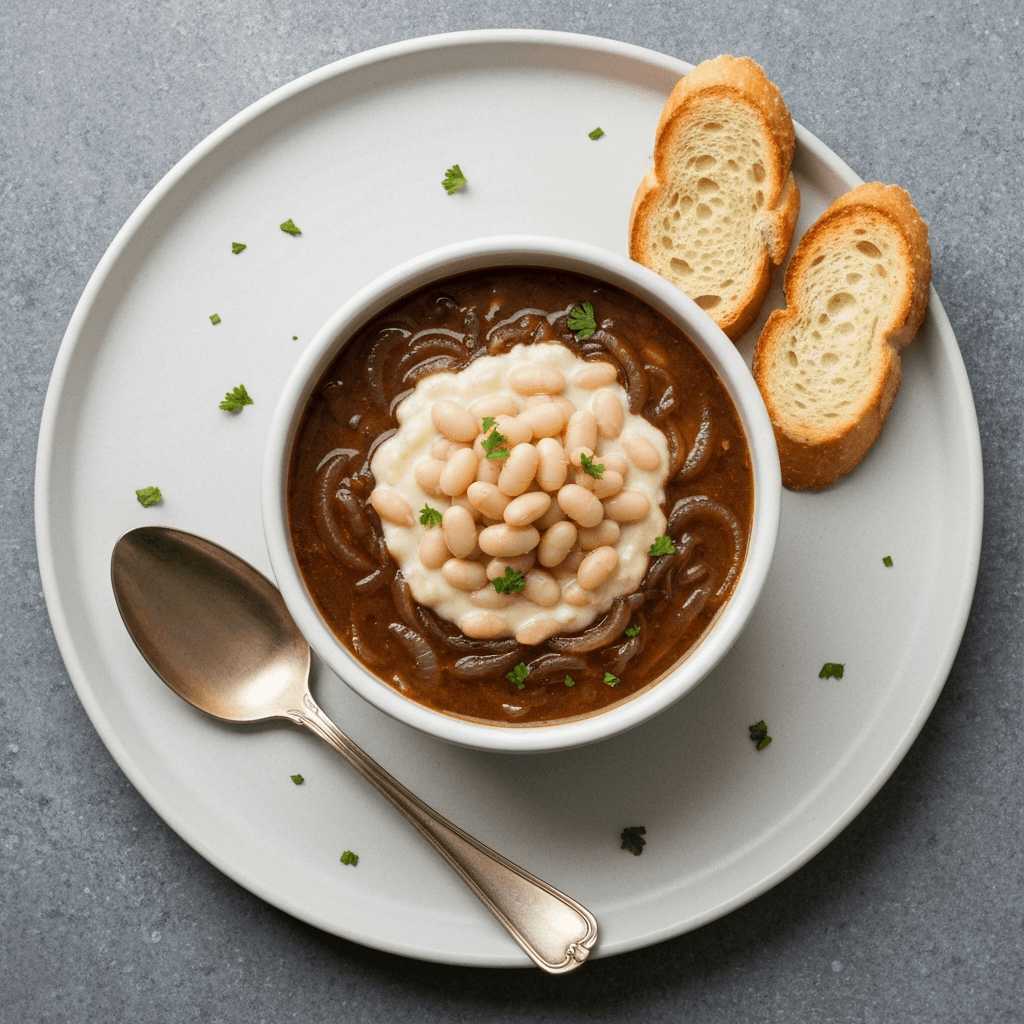 Vegan French Onion Soup with White Bean Puree