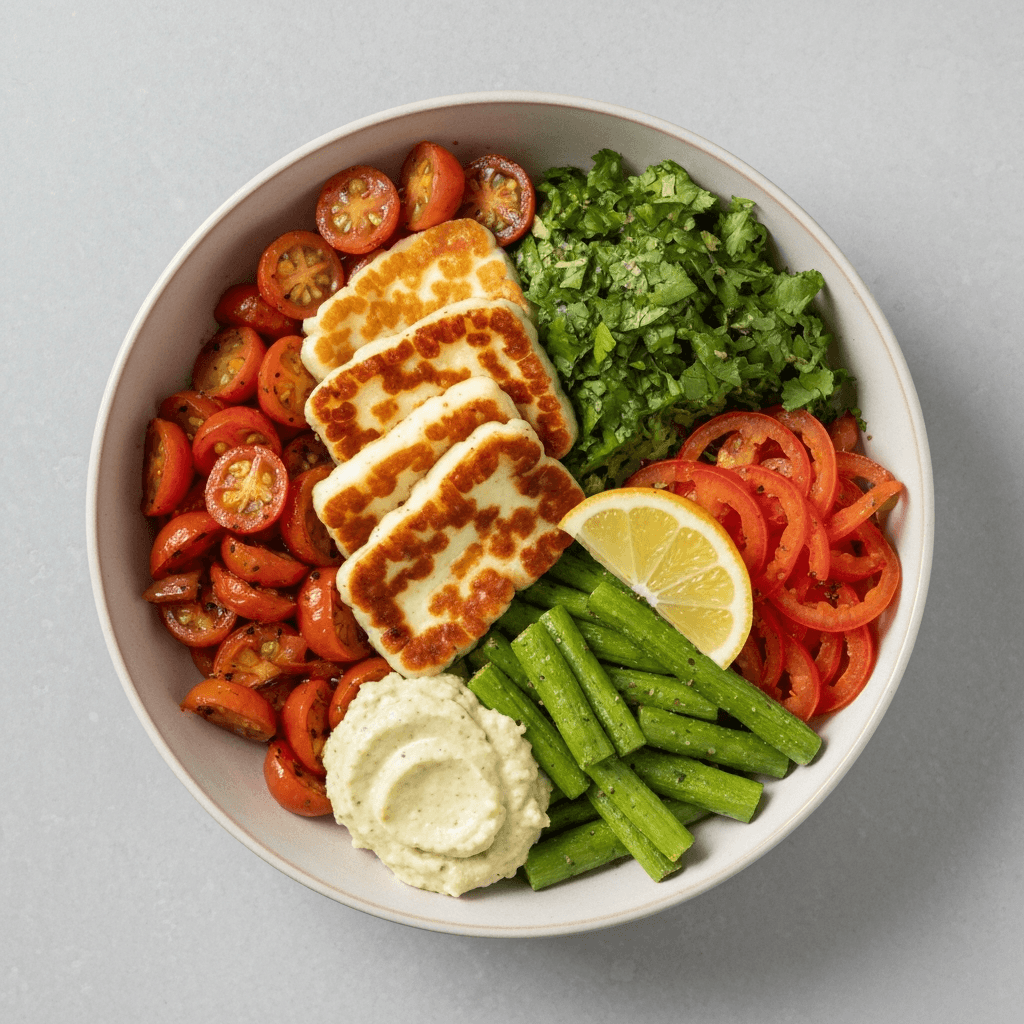 Roasted Vegetable and Halloumi Bowl with Lemon-Herb Dressing