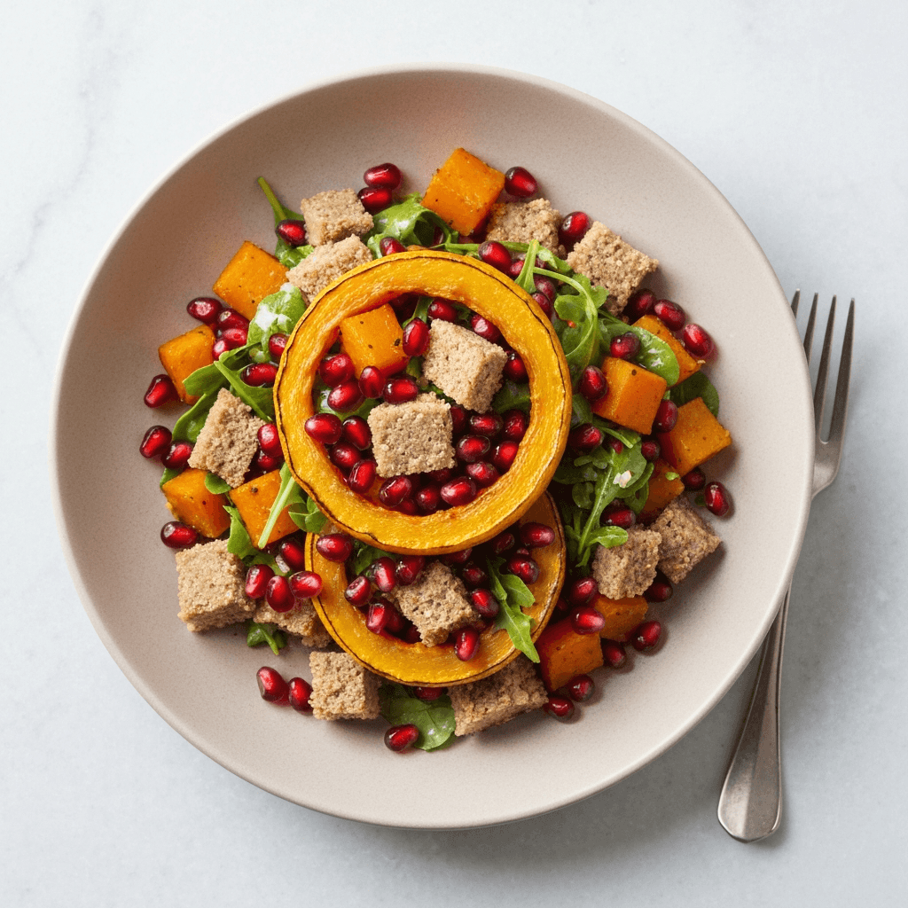 Injera and Roasted Squash Salad with Pomegranate