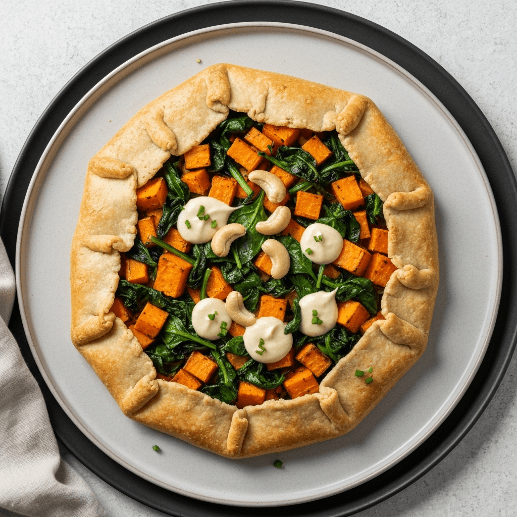 Vegan Sweet Potato and Spinach Galette with Cashew Cream