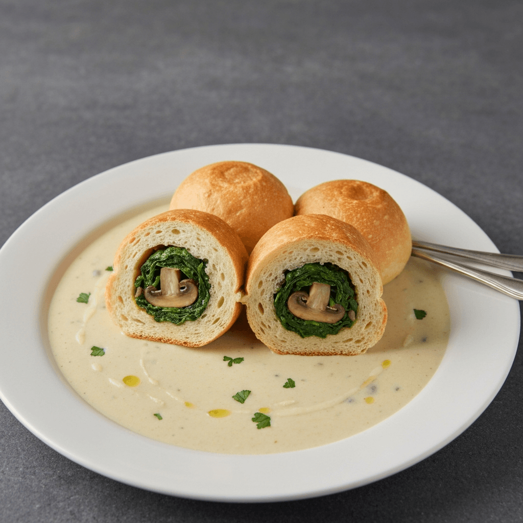 Mushroom and Spinach Stuffed Knödel Bread with Parmesan Cream Soup