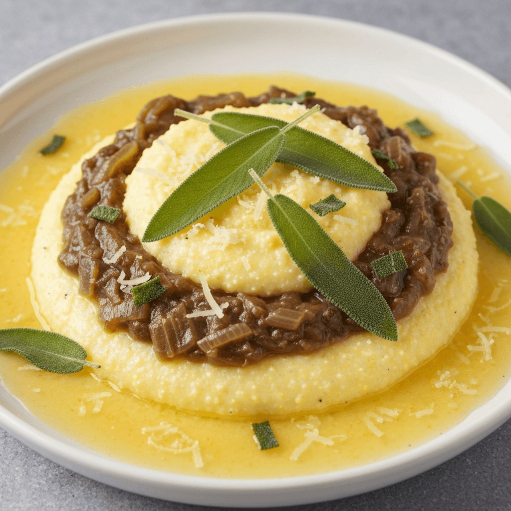 French Onion Soup Polenta with Crispy Sage