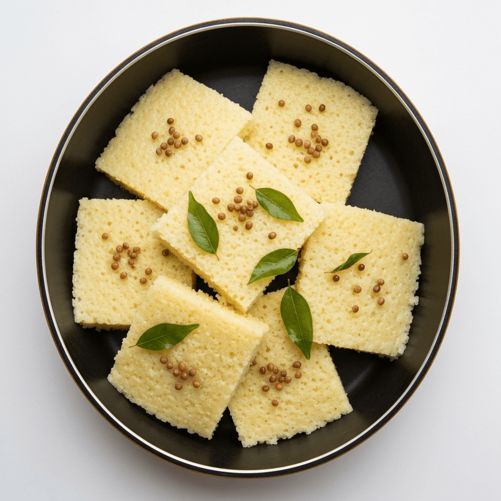 Dhokla (Steamed Chickpea Flour Cake) with Mustard Seeds