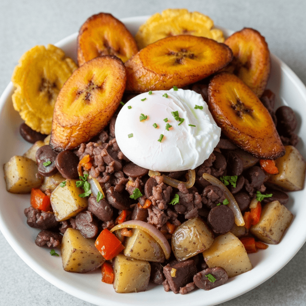 Feijoada Breakfast Hash with Fried Plantains and a Poached Egg