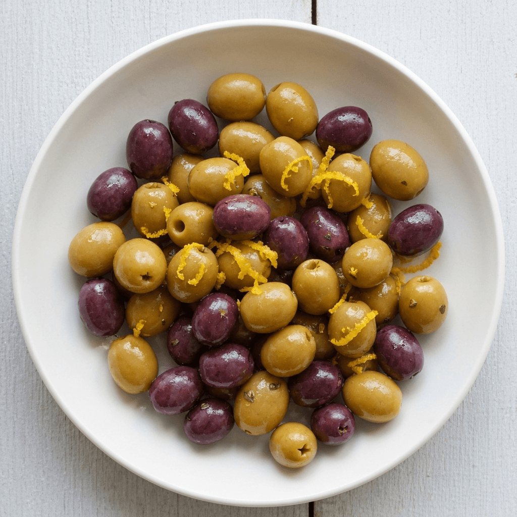 Warm Olives Marinated in Citrus and Herbs