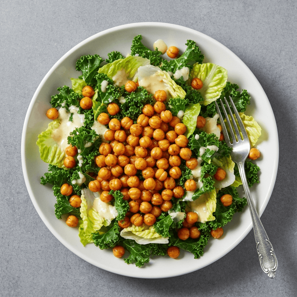Lettuce and Kale Salad with Roasted Chickpeas and Lemon-Tahini Dressing