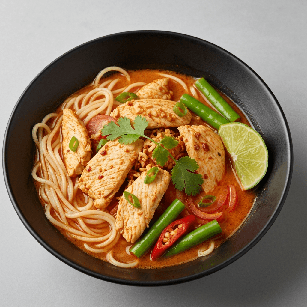 Spicy Sate Noodle Soup with Chicken and Vegetables