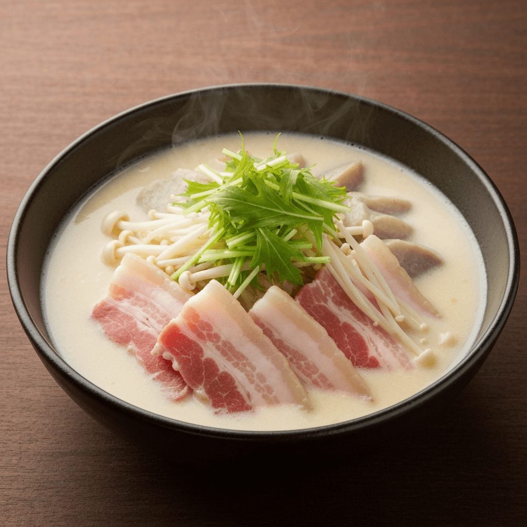 Soy Milk Nabe with Pork Belly, Enoki Mushrooms, and Mizuna