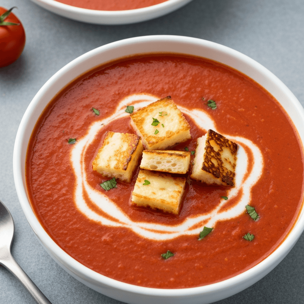 Creamy Tomato and Jersey Milk Soup with Grilled Cheese Croutons