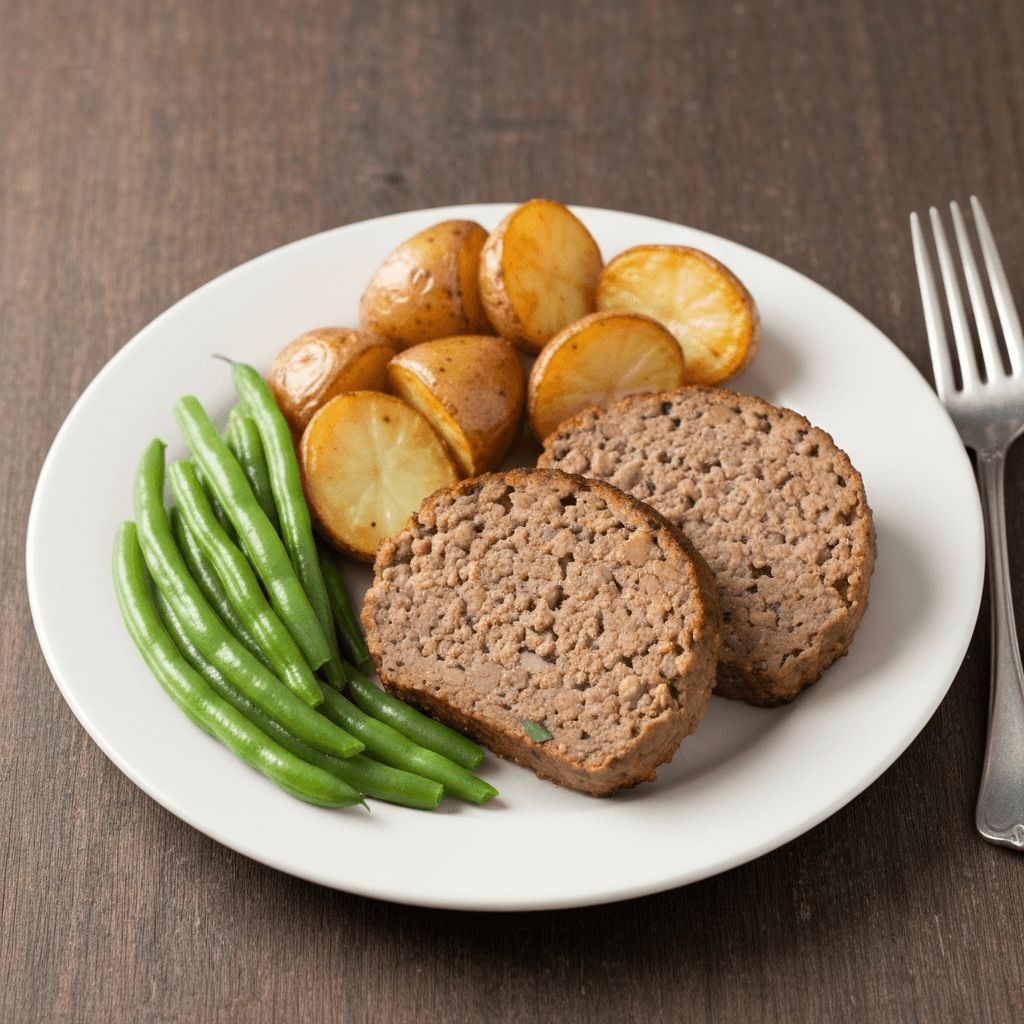 Classic American Meatloaf with Roasted Potatoes & Green Beans
