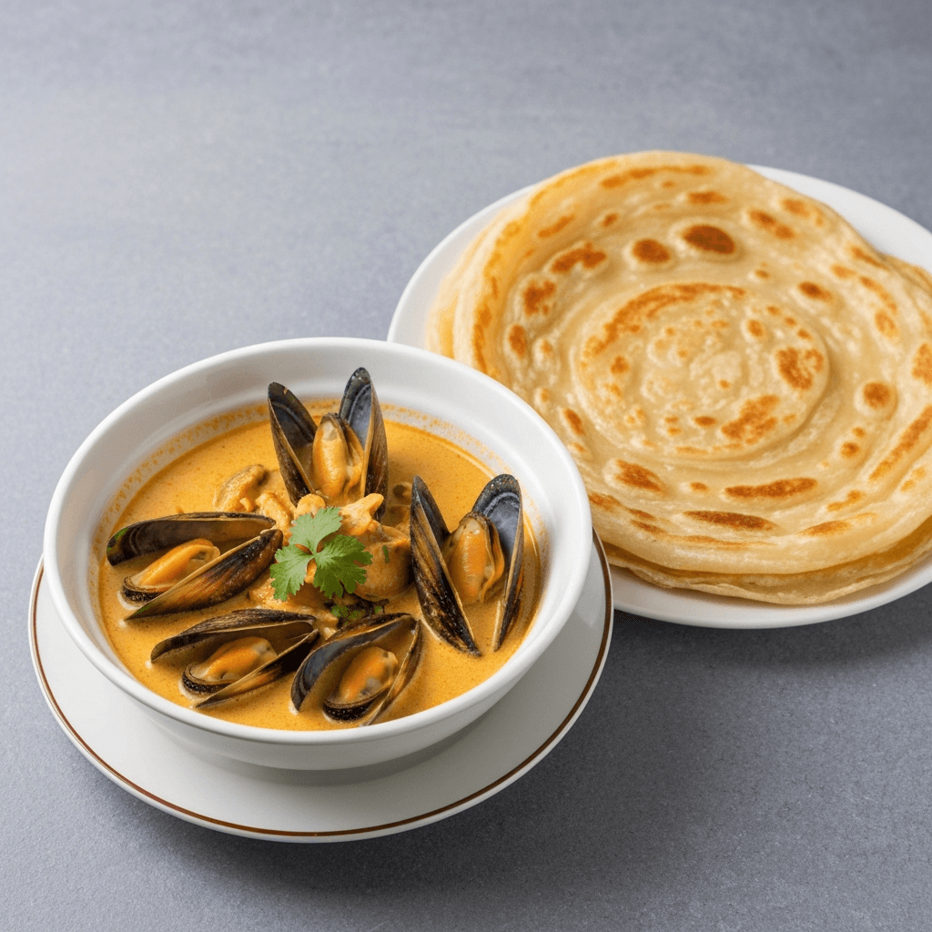 Coconut Curry Mussel Soup with Flaky Roti
