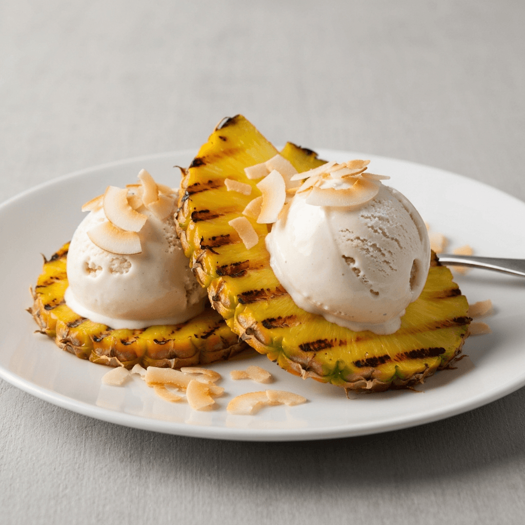 Grilled Pineapple with Coconut Ice Cream and Toasted Coconut Flakes