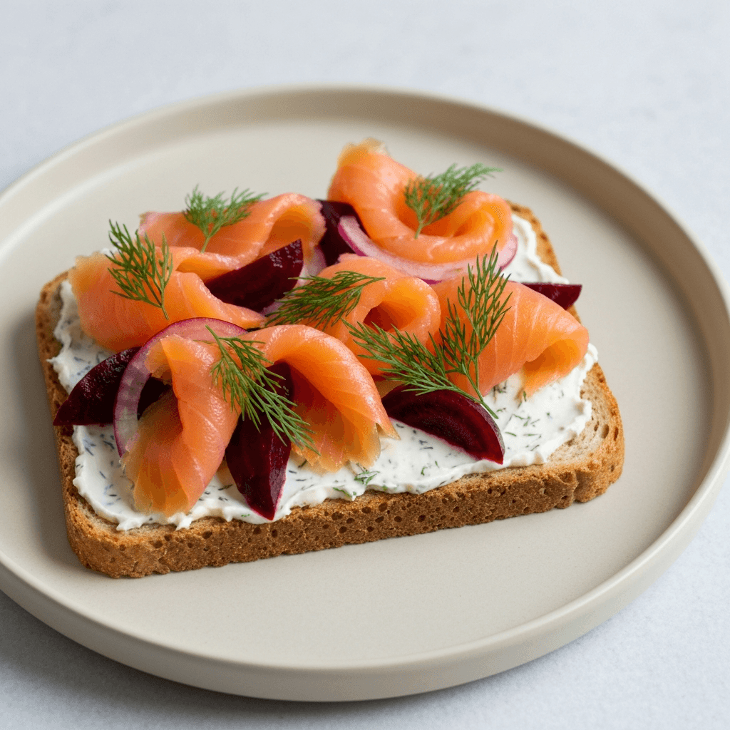 Open-Faced Smoked Salmon & Rye Sandwich with Dill Cream Cheese & Pickled Beets