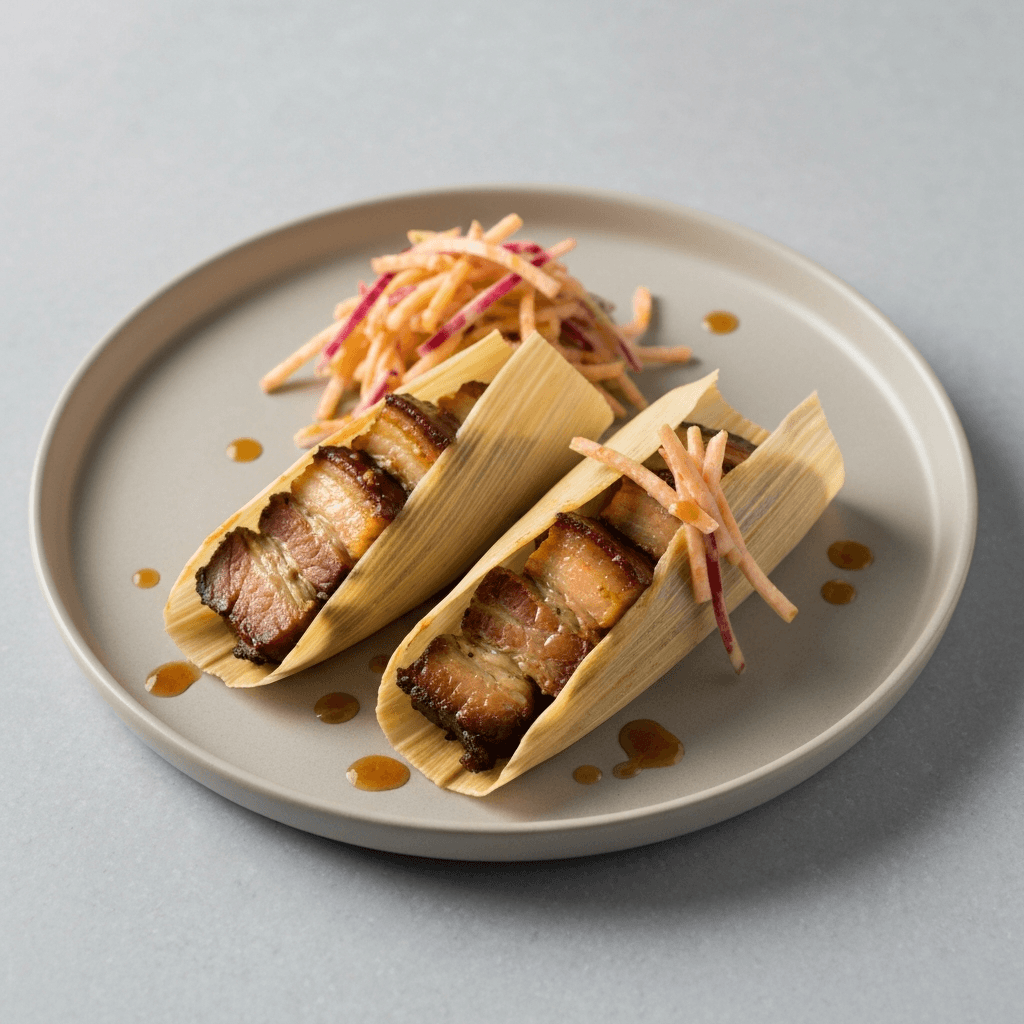 Maple Glazed Pork Belly Tamales with Apple Slaw