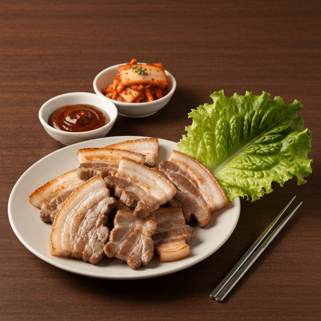 Korean BBQ Pork Belly (Samgyeopsal) with Ssamjang and Kimchi
